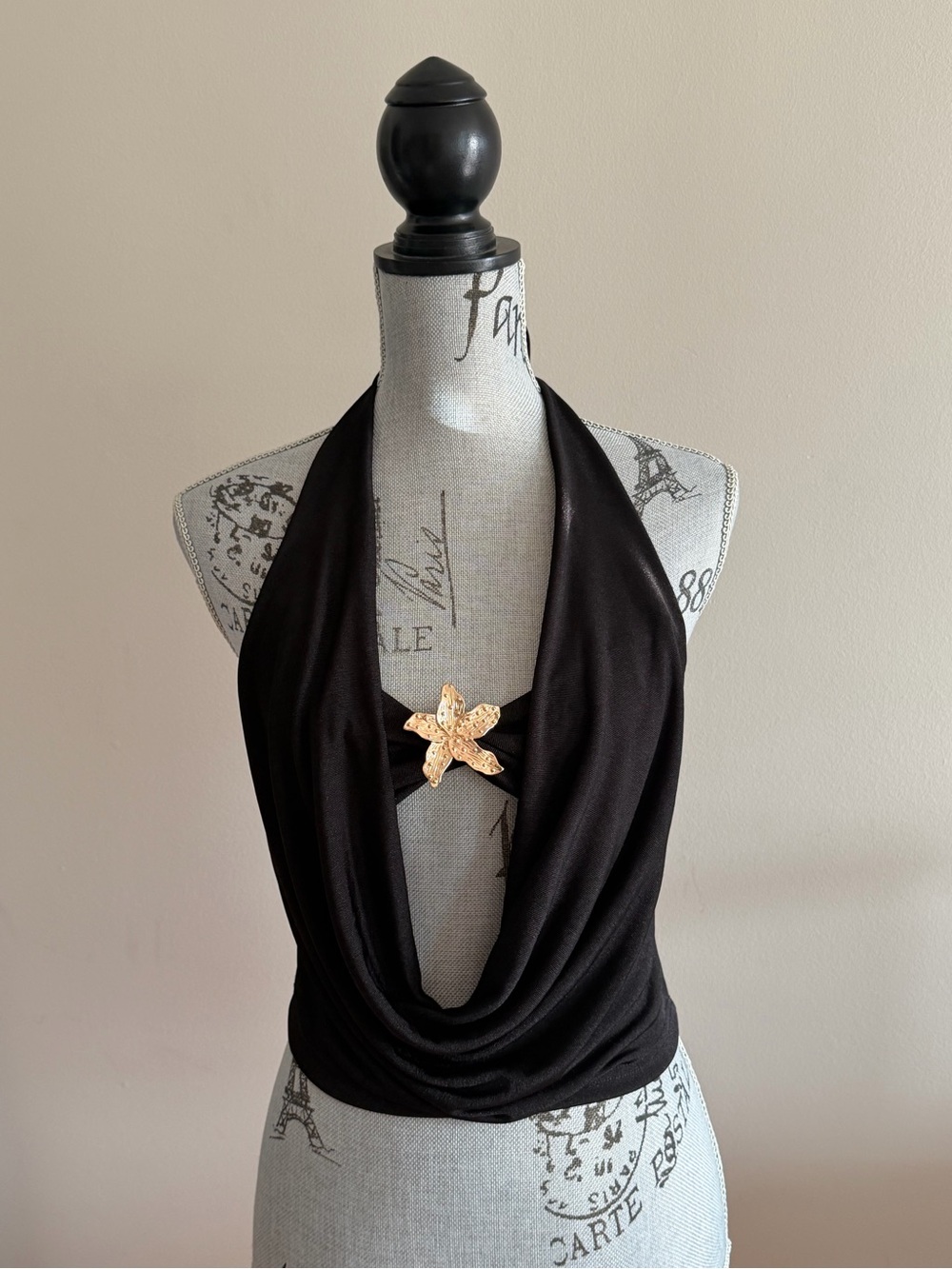 Black Cowl Neck Halter Top Gold Flower Y2K Going Outside